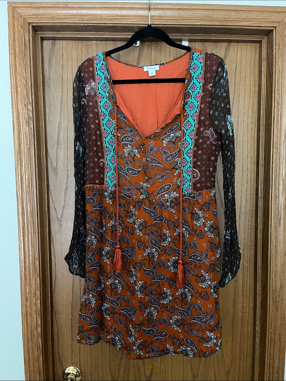 Sundance Orange Paisley Long-Sleeve Boho Dress